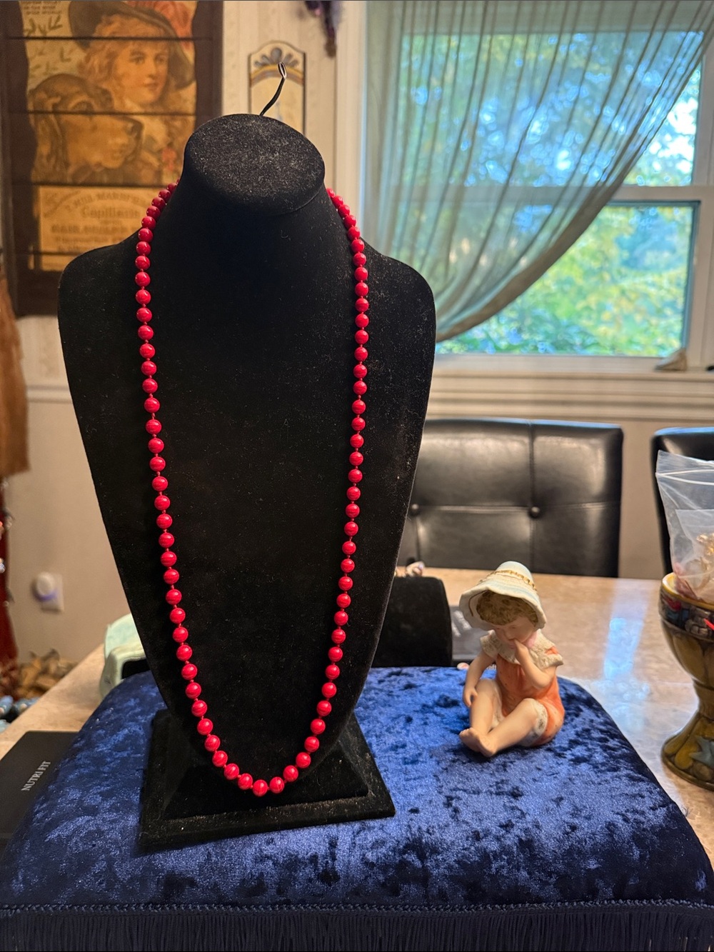 Vintage Monet glass handknotted beaded necklace with gold tone, 1970s